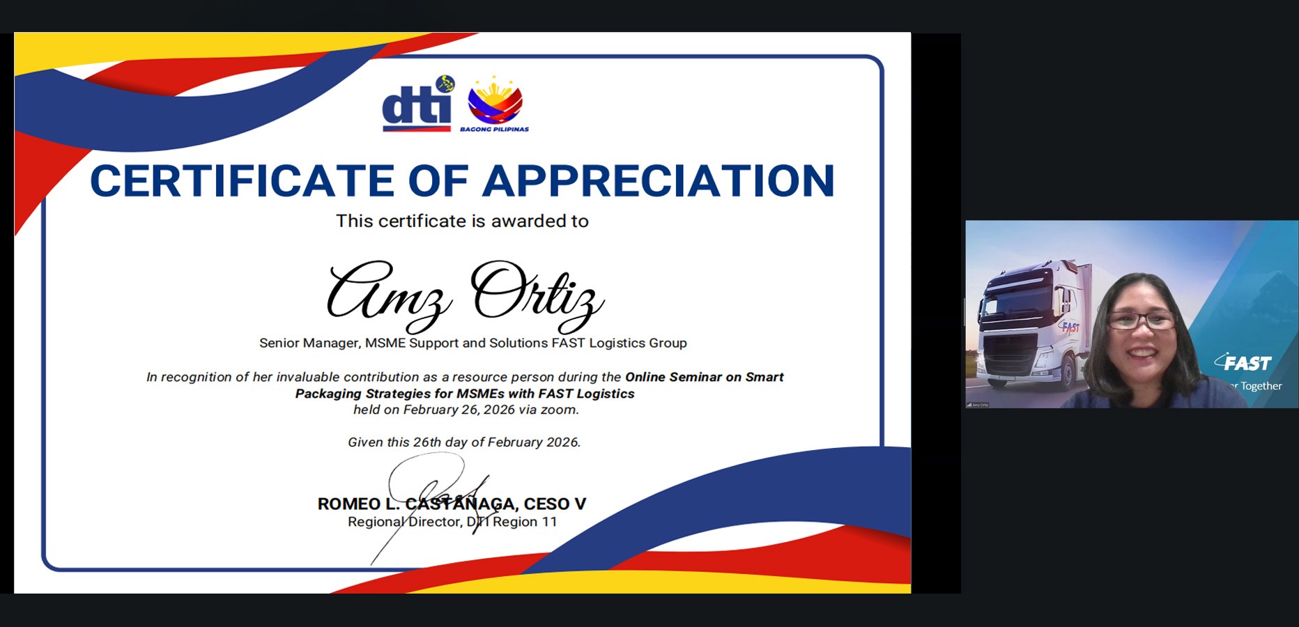 FAST Logistics Group Senior Manager for Commercial Support and Solutions for MSMEs Amz Ortiz emphasized the importance of smart packaging, cargo insurance, and choosing the right logistics partner to help MSMEs protect their products in transit, reduce shipment risks, and confidently expand into new markets.