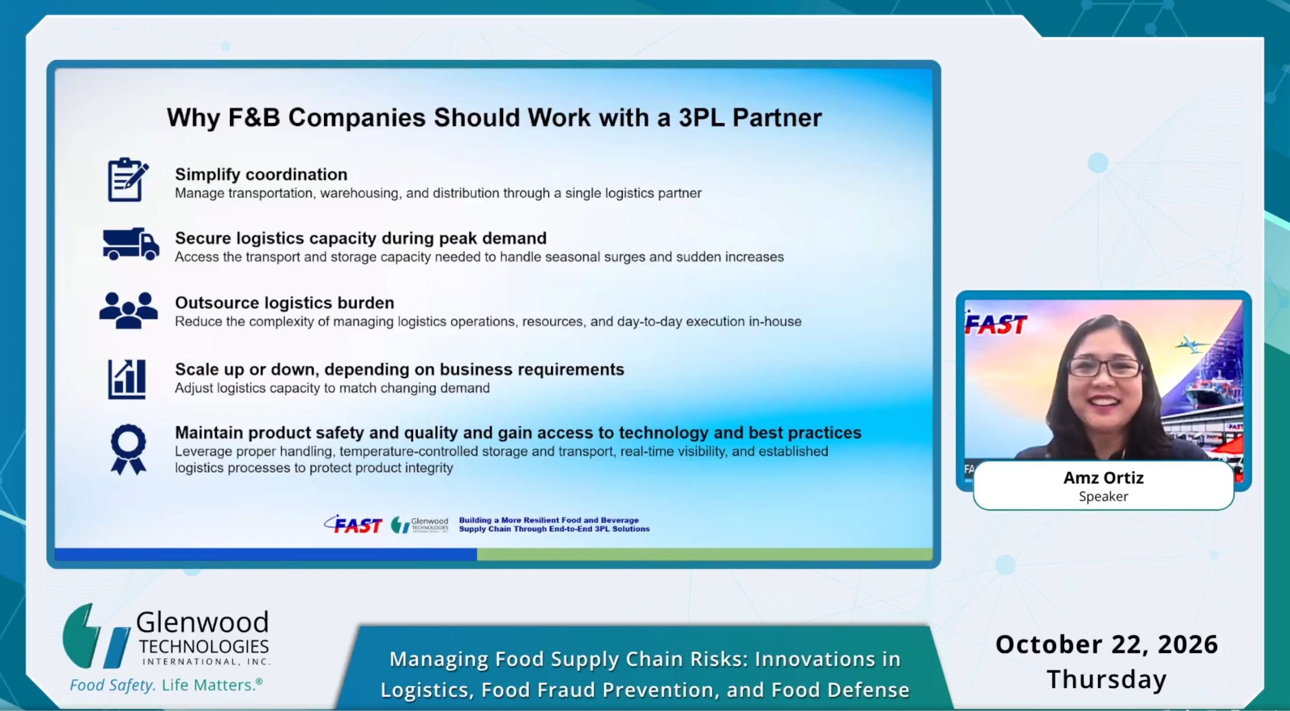 FAST Logistics Group Senior Manager for Commercial - Food and Beverage Segment and New Verticals Amz Ortiz shared how a reliable third-party logistics (3PL) partner can help food and beverage businesses streamline their supply chain operations at the Food Safety Trends Webinar